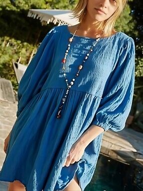 Free People “Beyond Obsessed” Blue Romper Oversized Pocketed Boho One-Piece Sz S